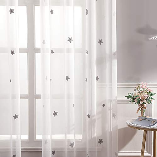 MIULEE Cortina Visillo Bordado Translucido de Dormitorio Infantil Juvenil con Ojales Plateados para Sala de Estar Cuarto de Niño Comedor Habitación Patrón de Estrella 2 Hojas 140x175cm Gris