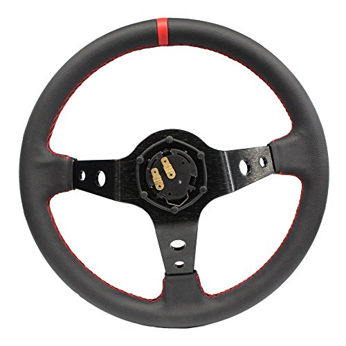 MODAUTO Volante Deportivo Universal, Desplazado, de Piel Sintética, Diámetro 350mm, Modelo G016, Color Negro y Costura Roja