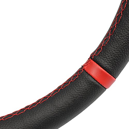 MODAUTO Volante Deportivo Universal, Desplazado, de Piel Sintética, Diámetro 350mm, Modelo G016, Color Negro y Costura Roja