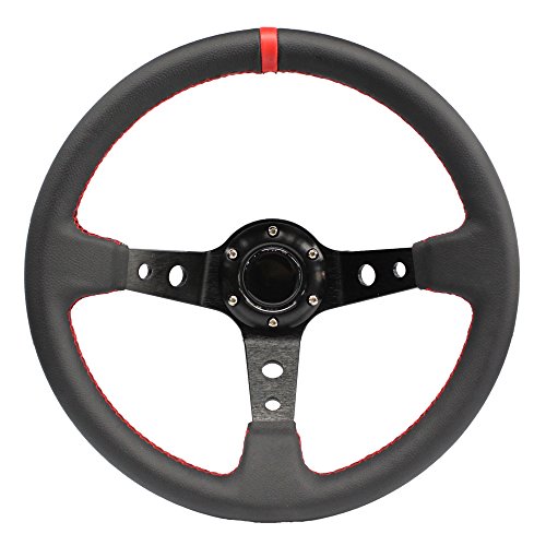 MODAUTO Volante Deportivo Universal, Desplazado, de Piel Sintética, Diámetro 350mm, Modelo G016, Color Negro y Costura Roja