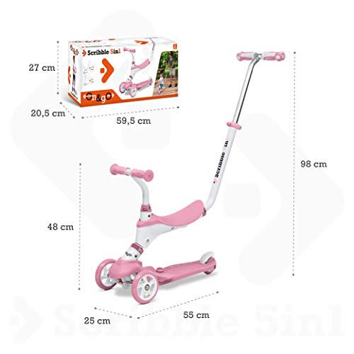 Mondo On&Go – Patinete para niños 5 en 1 – Patinete con Asiento, Pedales de Goma Blandos y Grandes Scooter de 3 Ruedas para niños – Edad de 1 a 5 años | Máx. 50 kg – Color Rosa – 28575