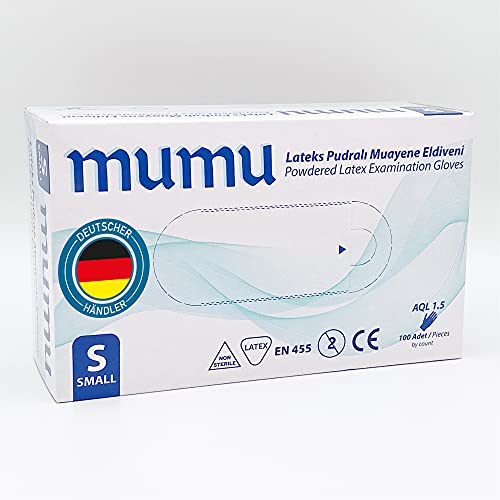mumu 100 guantes de látex con polvo en talla S, estándar de calidad EN 455, distribuidor alemán, envío desde Alemania.