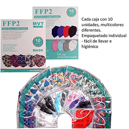 MVT Mascarilla FFP2 Colores, Paquete de 20x Mascarillas FFP2 NR de Colores Estampadas Homologadas 5 Capas +1 Estuche Porta mascarillas Color Aleatorio