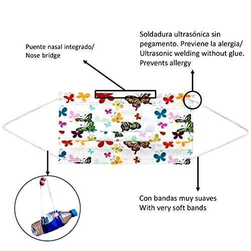 MVT Mascarillas de Color, Paquete de 60x Mascarillas Protectora Higiénica Colores Estampados Variados Homologadas UNE 0064-1:20 3 capas +1 Estuche Porta Mascarillas color aleatorio (1)