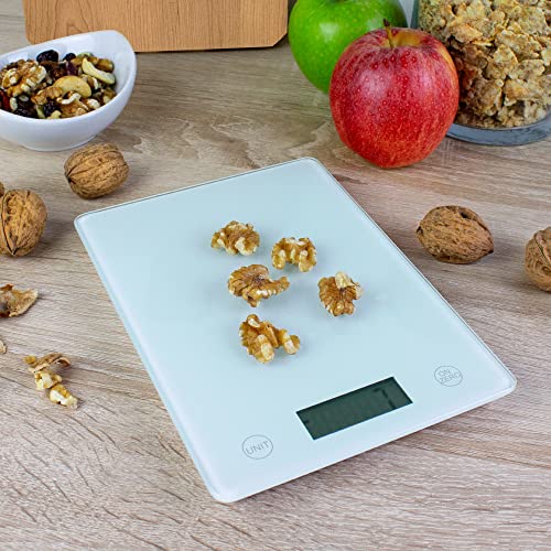 NEWCHEF Báscula De Cocina Digital con Pantalla LCD, Rango de Pesaje de 5g a 5kg y Precisión 1g. Peso Cocina Digital de Cristal Templado con F. de Pesaje, F. Tara y F. Cero. (Pila Incluida) + Bol