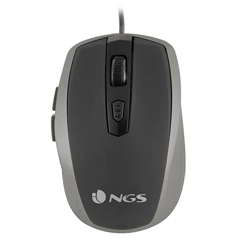 NGS Tick Silver - Ratón Óptico 800/1600dpi con Cable USB, Ratón para Ordenador o Portátil con 6 Botones, Ergonomia para Diestros, Plateado y Negro