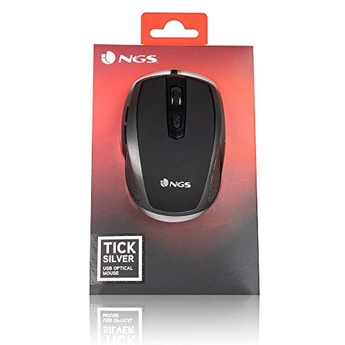 NGS Tick Silver - Ratón Óptico 800/1600dpi con Cable USB, Ratón para Ordenador o Portátil con 6 Botones, Ergonomia para Diestros, Plateado y Negro