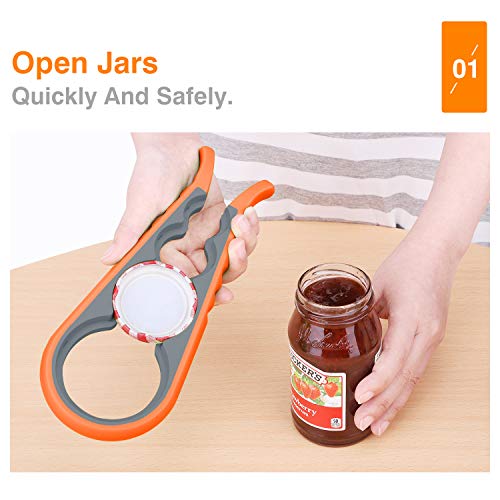 Nuovoware Abridor de Tarros, 4 en 1 Abrebotellas Multifuncional Antideslizante de Acero para Abrir Cerveza Jarro Botella Tapas, Herramienta Fácil de Usar para Cocina Hogar Bar - Naranja