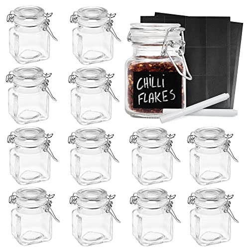 Oak & Steel - 12 Frascos de Vidrio Herméticos (100ml) de Tamaño Ideal Etiquetas y Rotulador Incluidos