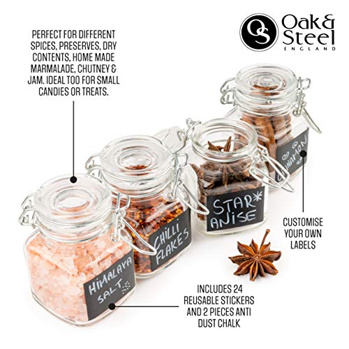 Oak & Steel - 12 Frascos de Vidrio Herméticos (100ml) de Tamaño Ideal Etiquetas y Rotulador Incluidos