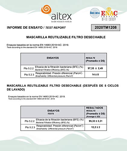 OCHO MASCARILLA HIGIÉNICA REUTILIZABLE LINEA COLOURS CON 10 FILTROS DESECHABLES Y CERTIFICADA BFE+ 90%. TALLA L/XL (1 unidad)