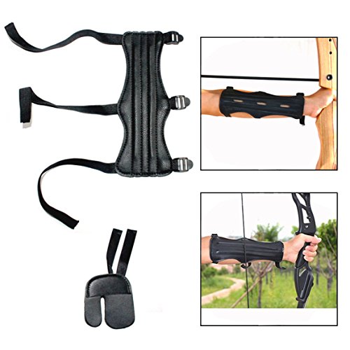 OFKPO Kit Protector de Brazo y Dedo con 3 Correas Elásticas Ajustables para Tiro con Arco, Negro