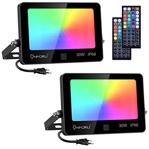 Onforu 2 Pack 30W Foco RGB Led Exterior, Foco de Colores con Control Remoto, Proyector RGB de 20 Colores y 6 Modos, IP66 Impermeable Reflector Led RGB, Floodlight RGB para Halloween Fiesta Navidad