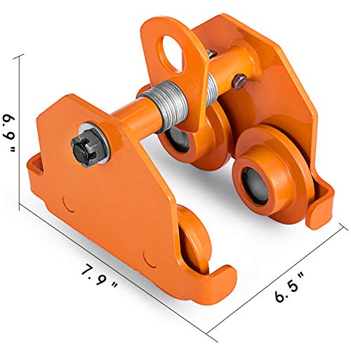 OrangeA Carro de Vigas Capacidad 0.5T, Carrito Grúa Manual de Acero Ancho de Brida de Viga en I: 2,5'' - 5,5'', Carro de Haz Inoxidable con 4 Ruedas Resistentes para Almacenes Garajes