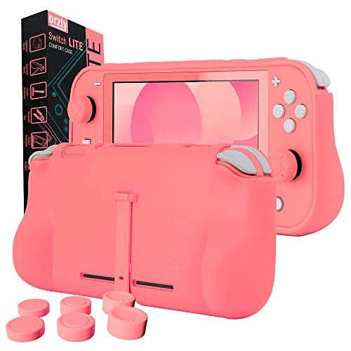 Orzly Funda para la Nintendo Switch Lite – Comfort Grip Case, Carcasa Protectora con puños de Mano Rellenos Integrados para la Parte Posterior de la Consola Switch Lite, con Soporte Plegable - Coral