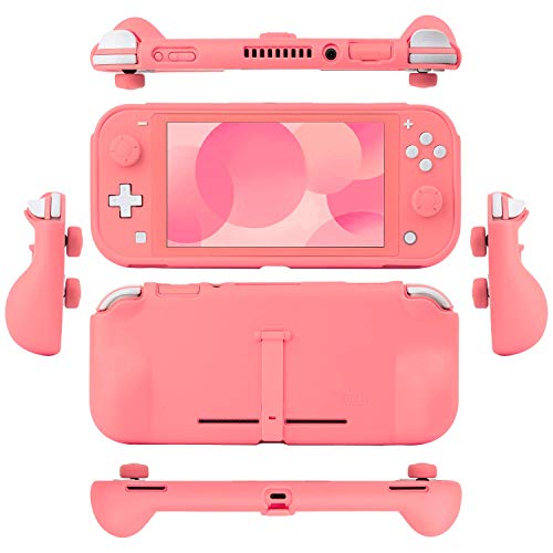 Orzly Funda para la Nintendo Switch Lite – Comfort Grip Case, Carcasa Protectora con puños de Mano Rellenos Integrados para la Parte Posterior de la Consola Switch Lite, con Soporte Plegable - Coral
