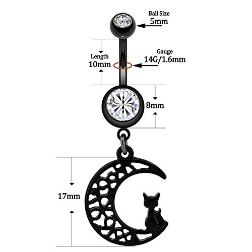 OUFER - Piercing para ombligo de acero quirúrgico 316L con luna negra, 14 g, diseño de gato