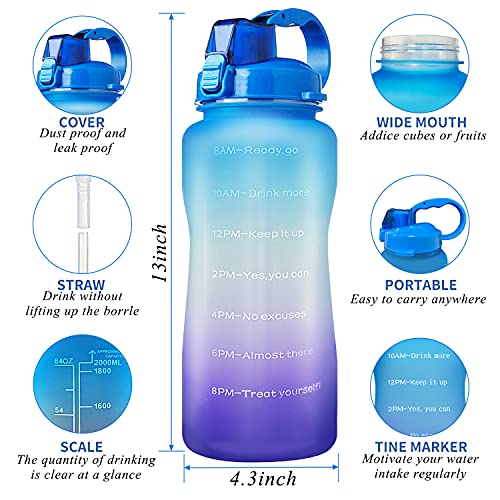 Owill Botellas de agua de 2 litros, botella de agua con marcador de tiempo motivacional con pajita, Tritan a prueba de fugas sin BPA, para fitness, gimnasio y deportes al aire libre