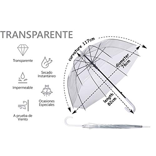 Paraguas Transparente Cúpula Automático Mujer. Paraguas Burbuja Infantil, Paraguas Original Largo, Niño y Niña, Paraguas Novia 82cm