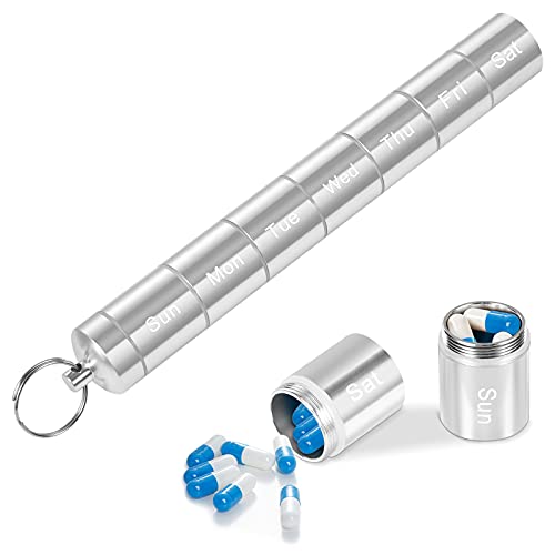 Pastillero Semanal 7 Dias ，Pastillero Semanal de Aluminio Humedad e impermeable con llavero,Organizador diario de medicación con 7 Compartimentos,Cualquier Combinación,Apto para Viajes y Exteriores