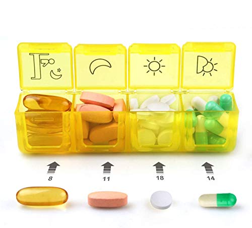Pastillero Semanal de 4 Tomas Diarias y Cortador de Pastillas Cerrado Herméticamente, Organizador Medicamentos 28 Compartimentos, Certificado Alimentario, Tamaño Perfecto, Para La Memoria