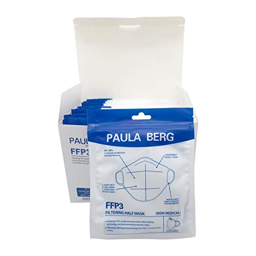 Paula Berg 20x FFP3 - Mascarilla antipolvo plegable - con accesorio para el oído - filtro del 99% - sin válvula - embalada herméticamente