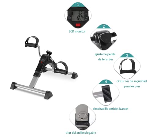 Pedales Estaticos,Mini Bicicleta Estática,Pedaleador Plegable LCD Pantalla Máquina de Brazos y Piernas Rehabilitación con Engranajes Antideslizantes (Plata)
