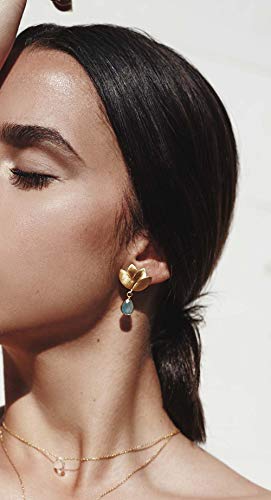 Pendientes dorados Flor de Loto Oro de 18 quilates con Piedra Natural Onix Verde para Mujer - Pendientes de Diseño en tonos dorados y verdes - Pendientes para mujer de flor