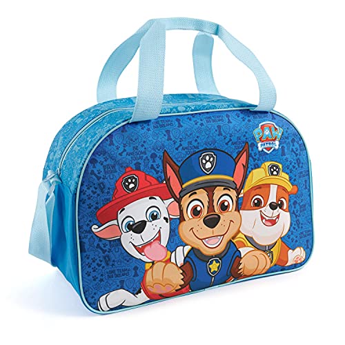 PERLETTI Bolsa Deporte Infantil Niño Paw Patrol con Bandolera - Bolso Deportivo para Niños Viajes y Tiempo Libre con Estampa Chase Marshall y Rubble - Mochila Gimnasio para Pequeños Azul - 28x41.5x21