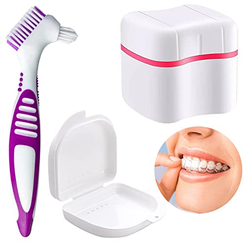 PHIEZC Caja de Baños para Dentadura,Dental Protesis Dentadura Postiza Estuche para Retenedores Dentales,Cepillos Limpiadores de Dentaduras,Juego de 3 Piezas