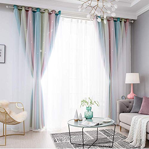 POHOVE Estrella Cortinas, Arcoiris Rayas Ventana Cortinas, Rosa Fucsia Cortinas para Dormitorio Niña, Doble Capa Cortinas Dormitorio Habitación Infantil - Rosa, 134x240cm