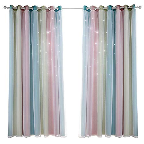 POHOVE Estrella Cortinas, Arcoiris Rayas Ventana Cortinas, Rosa Fucsia Cortinas para Dormitorio Niña, Doble Capa Cortinas Dormitorio Habitación Infantil - Rosa, 134x240cm