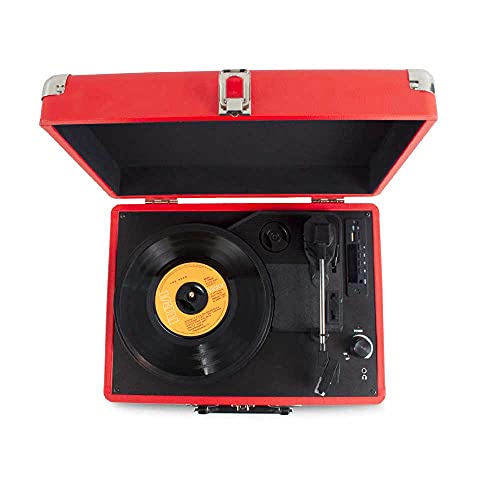 PRIXTON VC400 - Tocadiscos de Vinilo Vintage, Reproductor de Vinilo y Reproductor de Musica Mediante Bluetooth y USB, 2 Altavoces Incorporados, Diseño de Maleta, Color Rojo