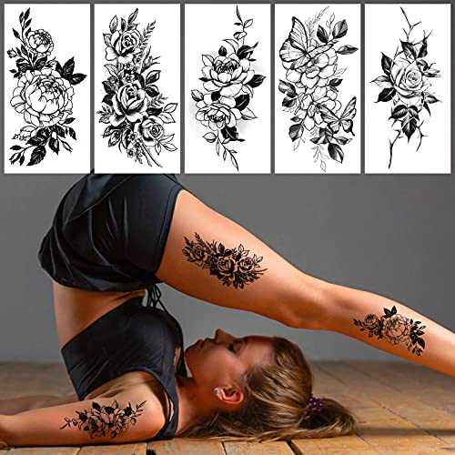Qpout 15 hojas Tatuajes temporales negros de flores para mujeres, pegatinas de tatuajes de medio brazo, tatuajes de decoración de hombro en el pecho, regalos para adultos niñas