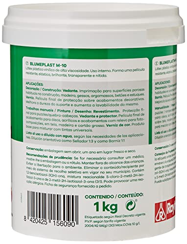 Rayt 156-09 Blumeplast M-10: Látex plástico, imprimación y sellador de superficies de yeso, cemento, estuco, madera, cerámica, puzzles. Enriquecedor de pinturas. Secado transparente. 1kg