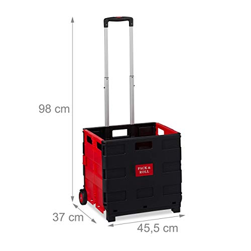 Relaxdays Carrito Compra Plegable, 2 Ruedas, Caja Transporte, hasta 35 kg, 98 x 45,5 x 37 cm, Plástico-Aluminio, Rojo