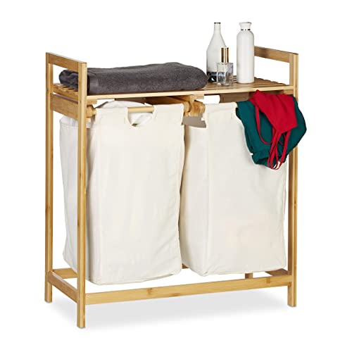 Relaxdays Centro para la colada, Separador de ropa sucia, Dos compartimentos, Portátil, 60 L, 1 Ud., Marrón