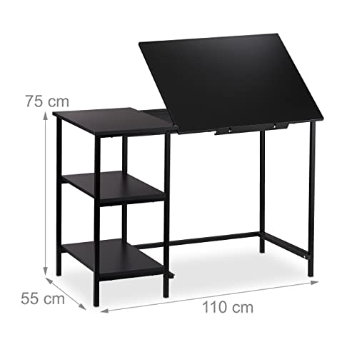 Relaxdays Escritorio reclinable, Tres estantes, Ajustable, Mesa de PC, Aglomerado, Hierro, Negro, 75 x 110 x 55 cm