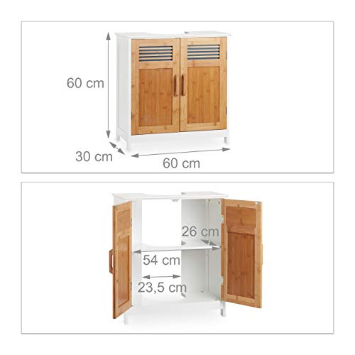 Relaxdays Mueble Lavabo con Balda Regulable, DM-Bambú, Blanco-Marrón, 60 x 60 x 30 cm