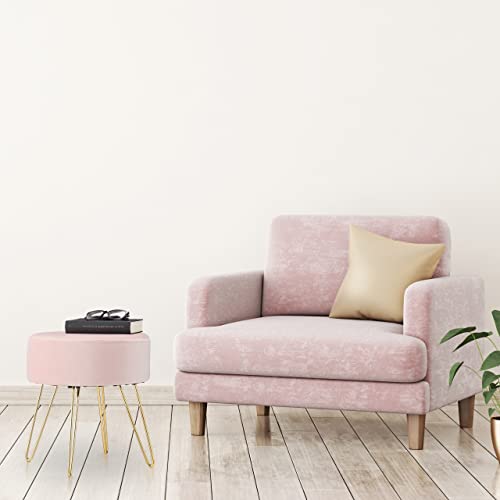 Relaxdays Taburete de Terciopelo Redondo Elegante con Patas de Metal Dorado, 40 x 40 cm, Color Rosa