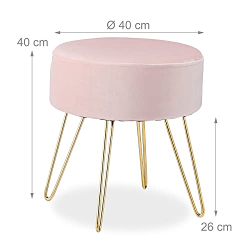 Relaxdays Taburete de Terciopelo Redondo Elegante con Patas de Metal Dorado, 40 x 40 cm, Color Rosa
