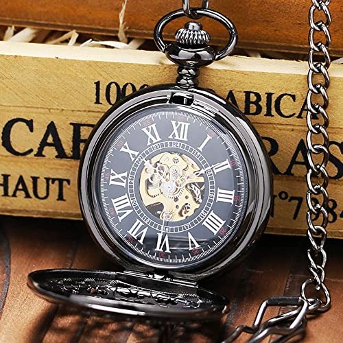 Reloj De Bolsillo con Cadena  Reloj De Bolsillo Pantalla De Tela De Araña Hueca Reloj De Bolsillo Mecánico Hombres Antiguos Mujeres Reloj Colgante Cadena Punk Negra Dial De Números Romanos R