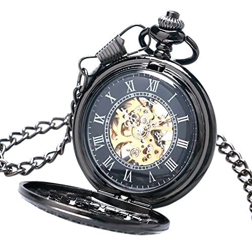 Reloj De Bolsillo con Cadena  Reloj De Bolsillo Pantalla De Tela De Araña Hueca Reloj De Bolsillo Mecánico Hombres Antiguos Mujeres Reloj Colgante Cadena Punk Negra Dial De Números Romanos R