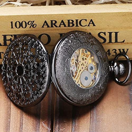 Reloj De Bolsillo con Cadena  Reloj De Bolsillo Pantalla De Tela De Araña Hueca Reloj De Bolsillo Mecánico Hombres Antiguos Mujeres Reloj Colgante Cadena Punk Negra Dial De Números Romanos R