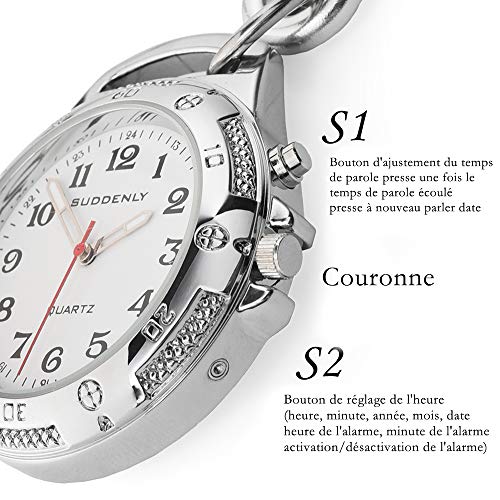Reloj parlantes con clip llavero mosquetón unisex para personas mayores con discapacidad visual, sonido fuerte para deportes al aire libre, metal analógico cuarzo reloj despertador