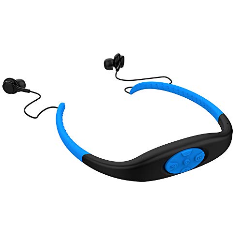 Reproductor de música con auriculares Mp3 a prueba de agua, memoria estéreo de alta fidelidad de 8 gb, radio FM, auriculares Bluetooth para natación,surf correr,deportes, diseño galardonado (Azul)