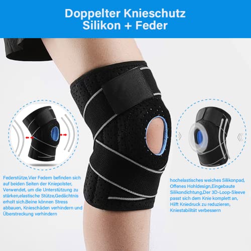 Rodillera, 2 unidades, con almohadillas de gel y muelle, estabilizadores laterales, estabilizadores médicos, para la rodilla y el menisco durante el deporte, transpirable y ajustable, color gris