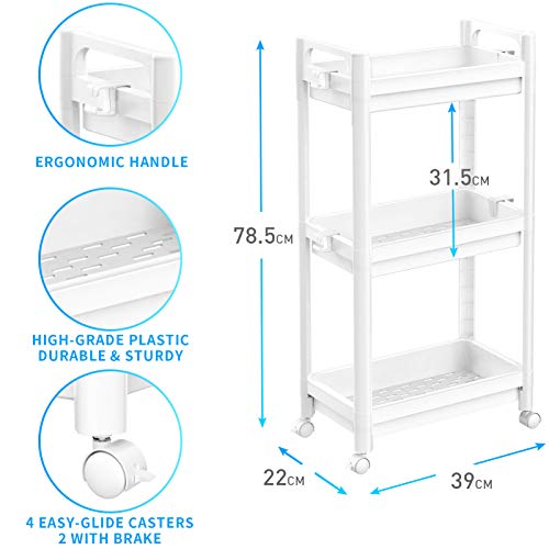 Ronlap Carrito de Cocina Carrito de 3 Niveles 39 x 22 x 78,5 cm, Carrito de baño Carrito Multiusos Estante de Cocina con Gancho para asa, Estante para Cocina, baño, Blanco