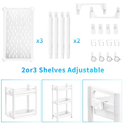 Ronlap Carrito de Cocina Carrito de 3 Niveles 39 x 22 x 78,5 cm, Carrito de baño Carrito Multiusos Estante de Cocina con Gancho para asa, Estante para Cocina, baño, Blanco