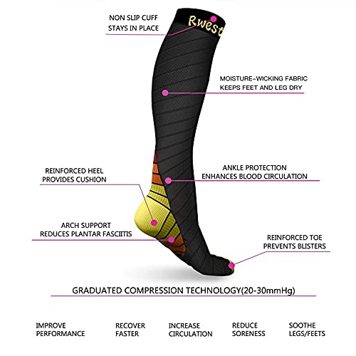 Rwest X Medias de Compresion, Calcetines de compresión Mujer y Hombre 20-30 mmHg para Running ,Ciclismo, Deporte, Trotar, Correr, Volar, Viajar